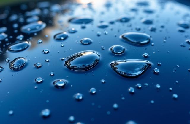Close-up of water perfectly beading and rolling off a freshly waxed car hood